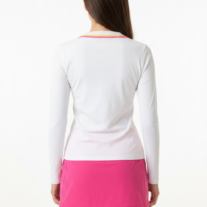 G/FORE Contrast Johnny Collar Tech Nylon Rib L/S Polo (w/ logo) - White - X-Small - Skorzie