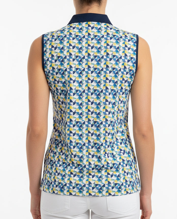EPNY Women's Golf Polo Sleeveless Mock Geo Print Inky Multi Size L