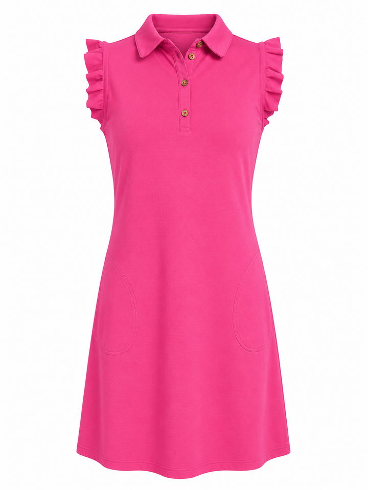 G-Lifestyle Button Ruffle Sleeveless Golf Dress - Hot Pink - Small