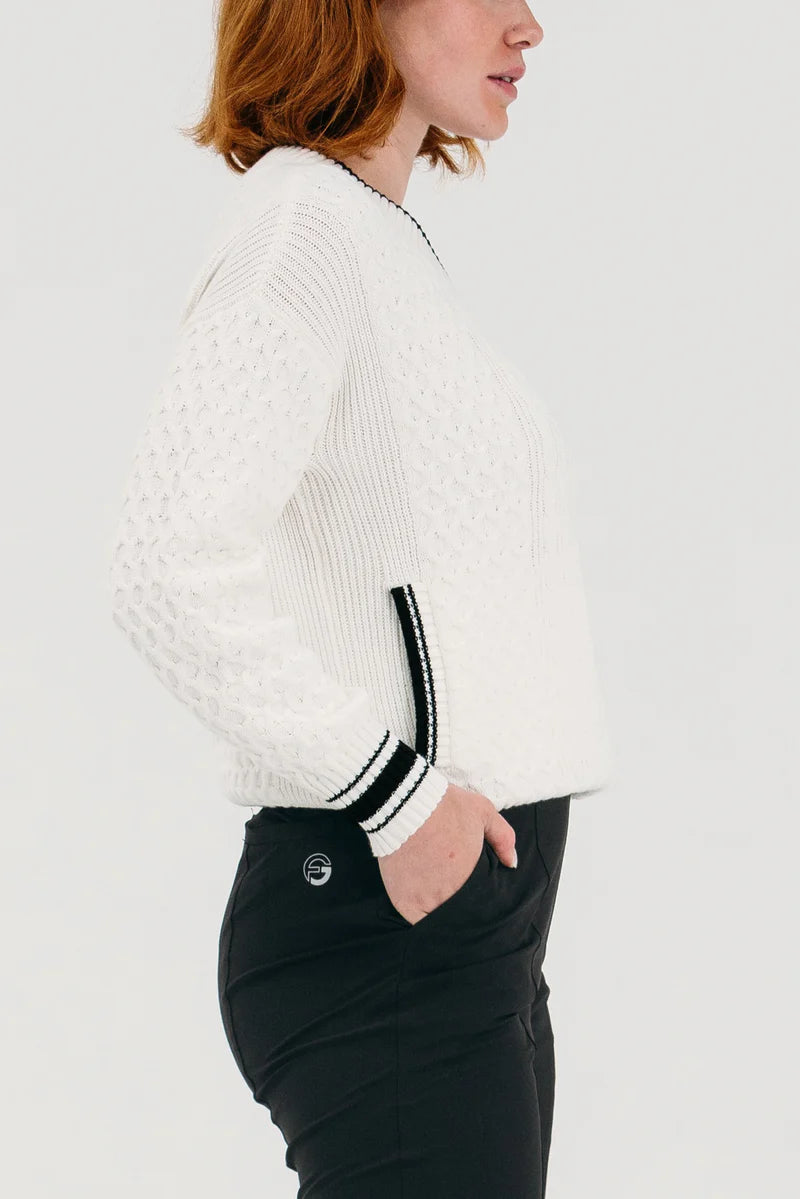 Foray Golf V-Neck Cable Knit Sweater - White/Black - Skorzie