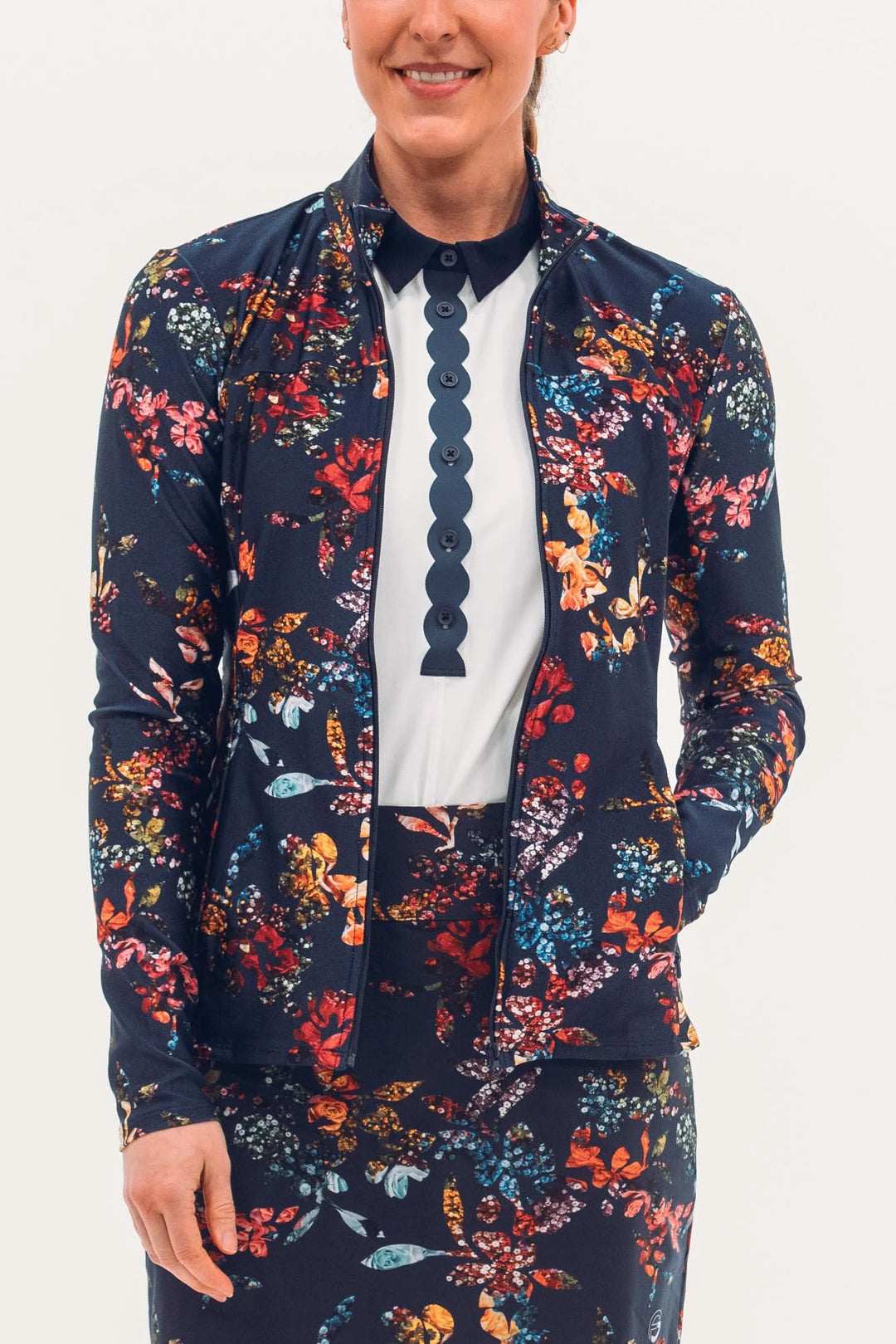 Foray Golf Printed Full Zip Layering - Navy Graphic Floral - Small - Skorzie