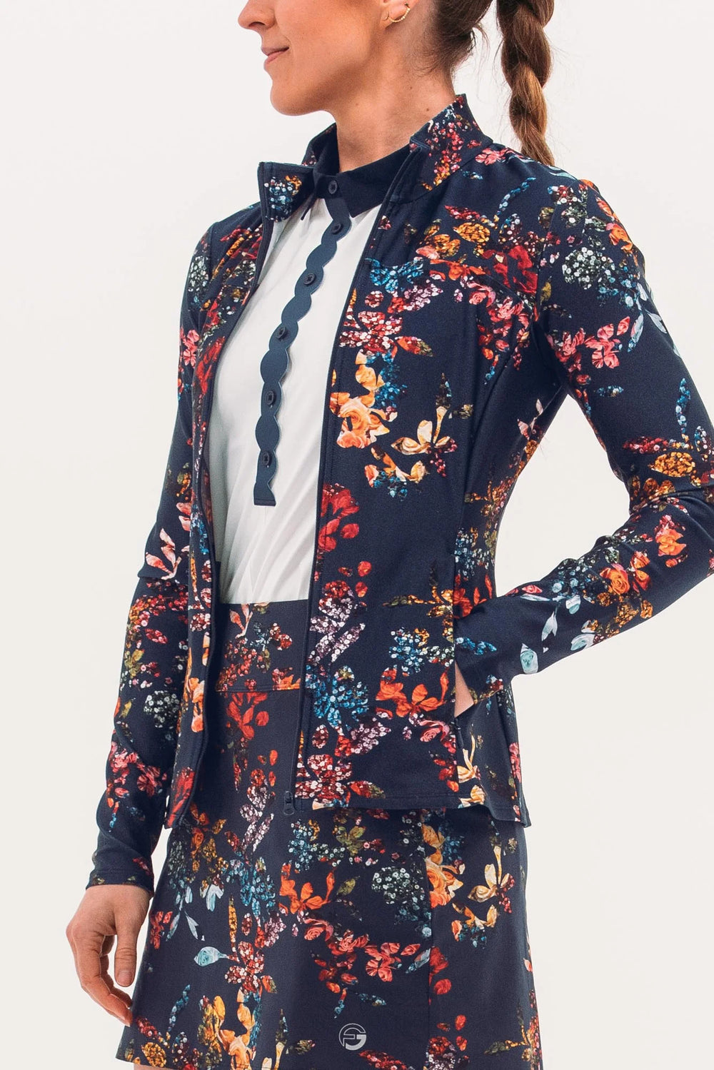 Foray Golf Printed Full Zip Layering - Navy Graphic Floral - Small - Skorzie