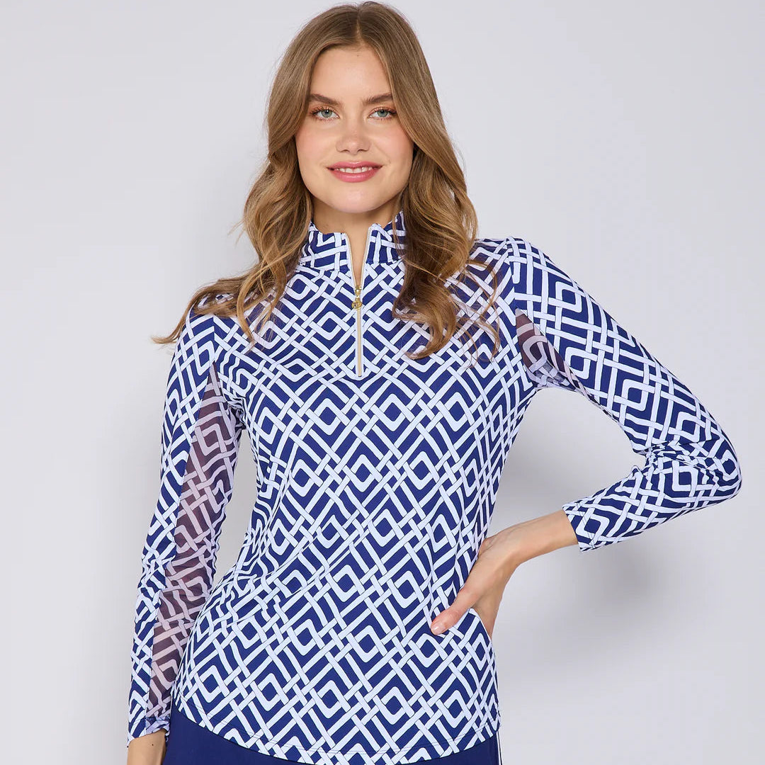 G-Lifestyle Quarter Zip Sun Protection Top - Trelis Navy White - Skorzie