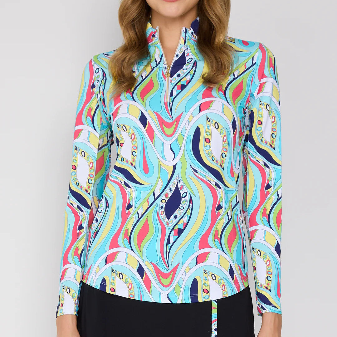 G-Lifestyle Quarter Zip Sun Protection Top - Turquoise Mirage - Skorzie