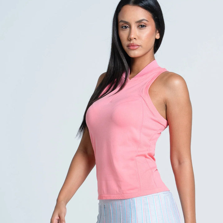 Lucky in Love Seamless Textured Sleeveless Polo - Pink - Skorzie
