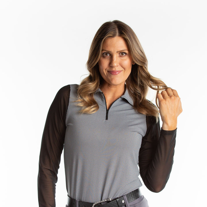 Mariah Long Sleeve Zip Polo - Black Mini Gingham