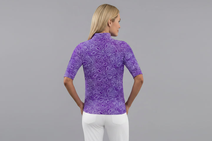 IBKUL Womens Molly Ruched Elbow Sleeve Zip Polo - Gladis Plum