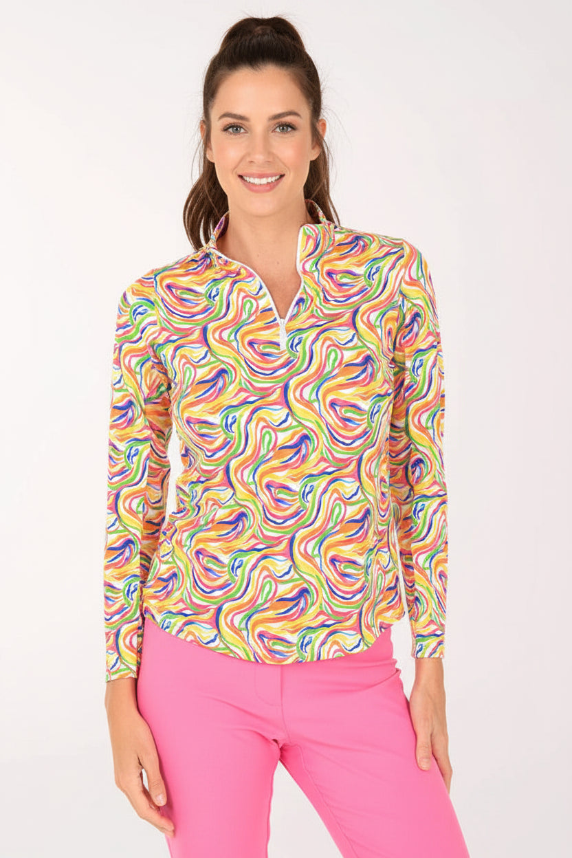 IBKUL Womens Julie Long Sleeve Zip Polo - Rainbow Sunshine Swirl