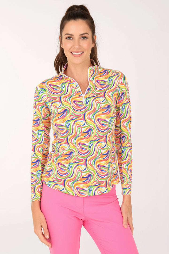 IBKUL Womens Julie Long Sleeve Zip Polo - Rainbow Sunshine Swirl