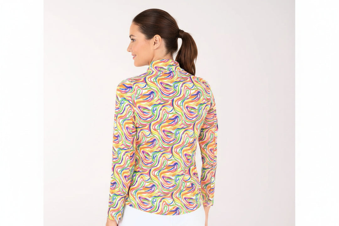 IBKUL Womens Julie Long Sleeve Zip Polo - Rainbow Sunshine Swirl