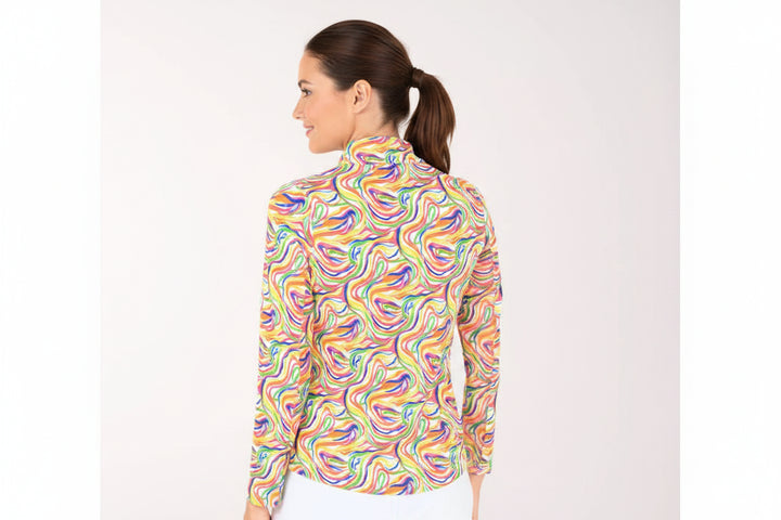 IBKUL Womens Julie Long Sleeve Zip Polo - Rainbow Sunshine Swirl