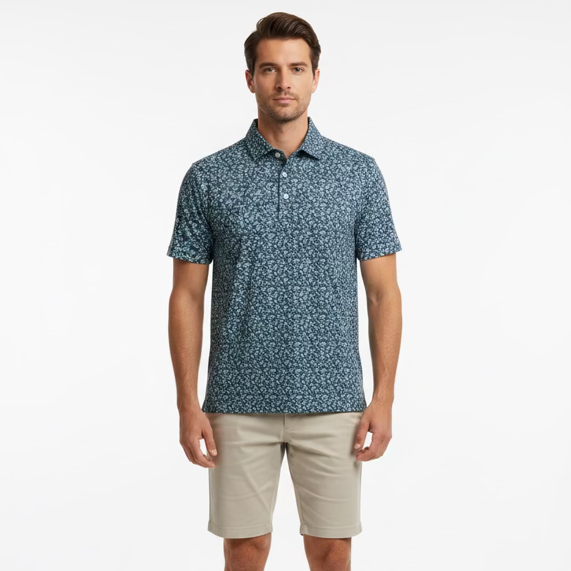Donald Ross Mens Waterbury Short Sleeve Polo (w/logo) - Denim/Mint/Lotus
