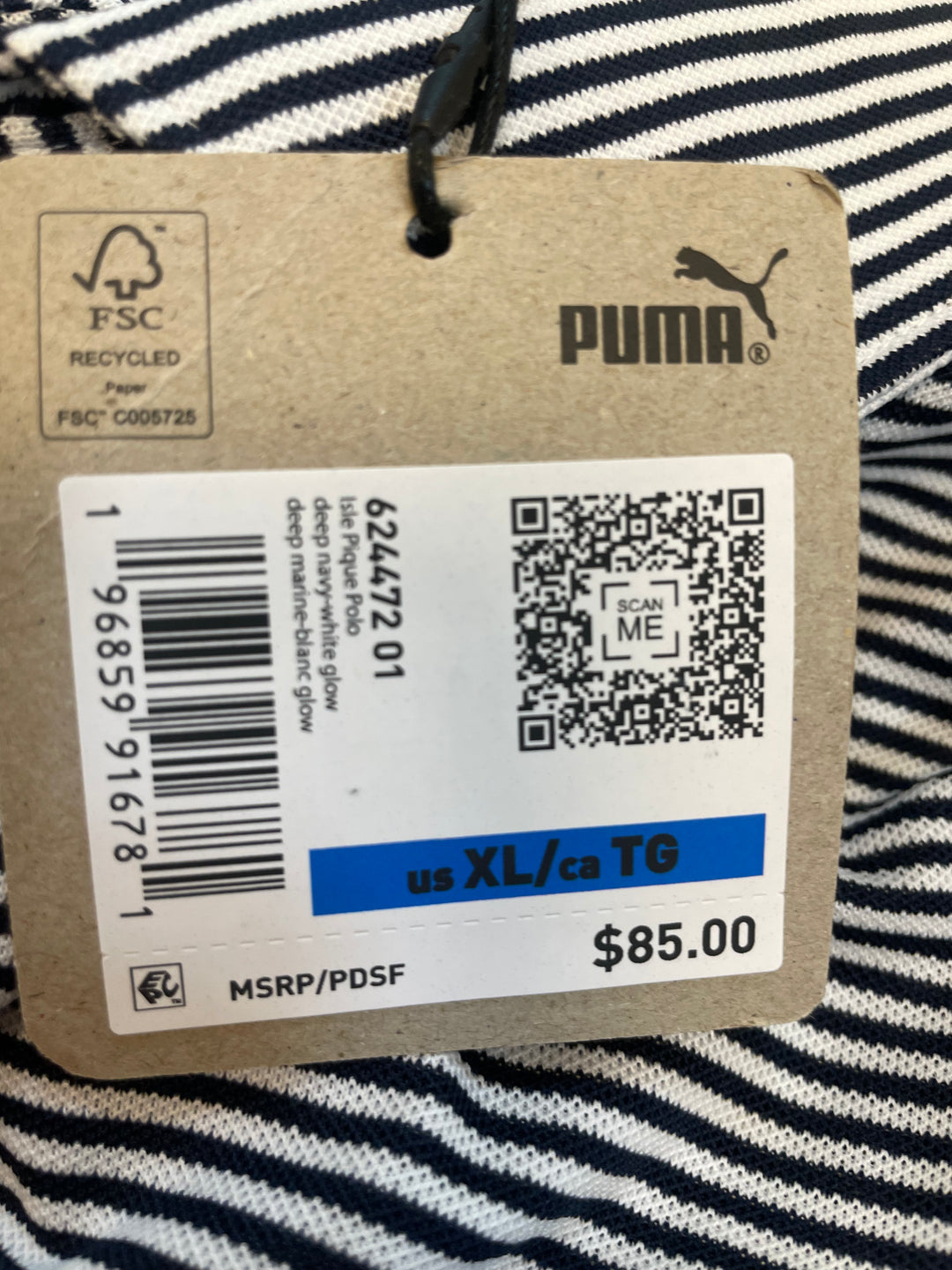 Puma Mens Stripe Isle Short Sleeve Polo (w/logo) - Deep Navy/White Glow