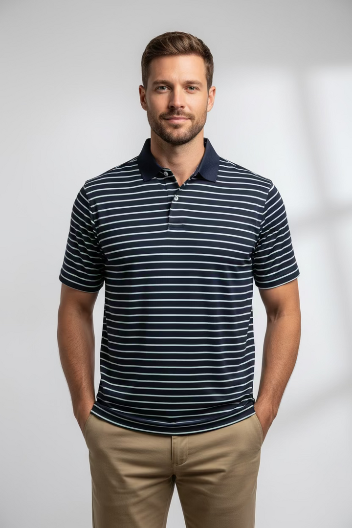 Straight Down Mens Quintero Stripe Short Sleeve Polo - Navy/Lagoon