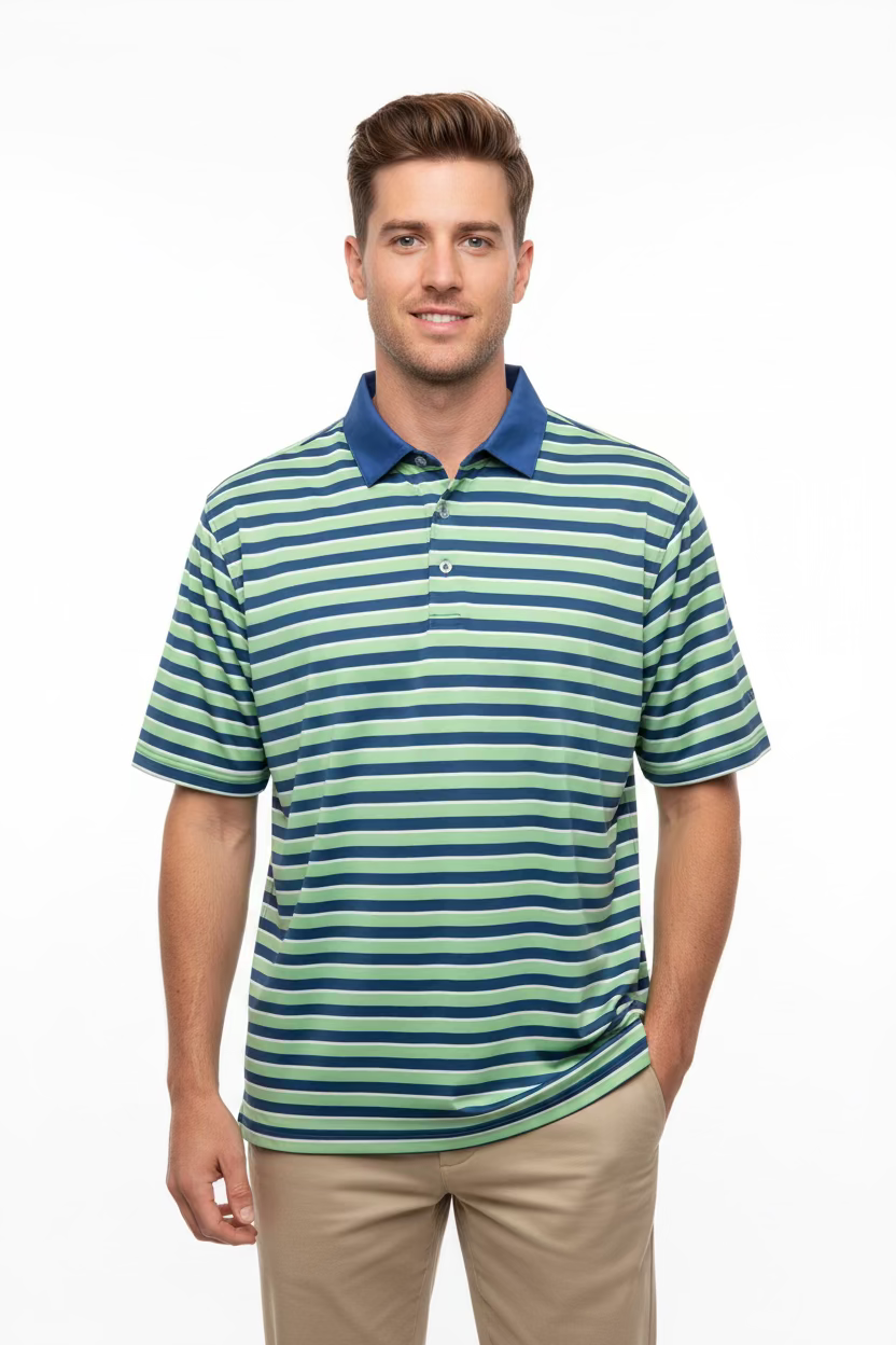 Straight Down Mens Doheny Stripe Short Sleeve Polo (w/logo) - Kiwi/Cool Blue