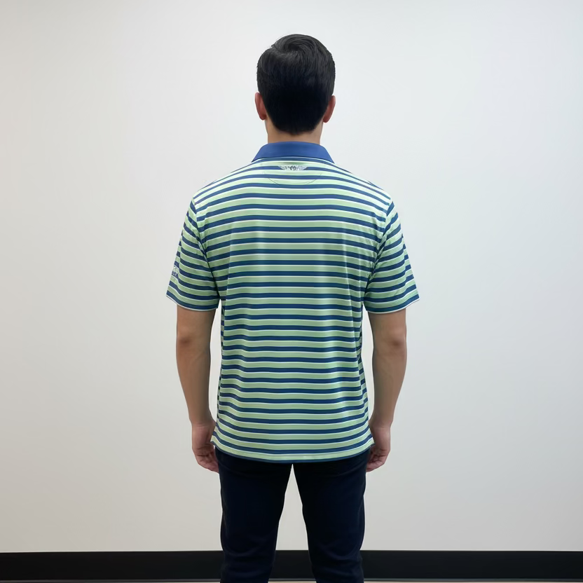 Straight Down Mens Doheny Stripe Short Sleeve Polo (w/logo) - Kiwi/Cool Blue
