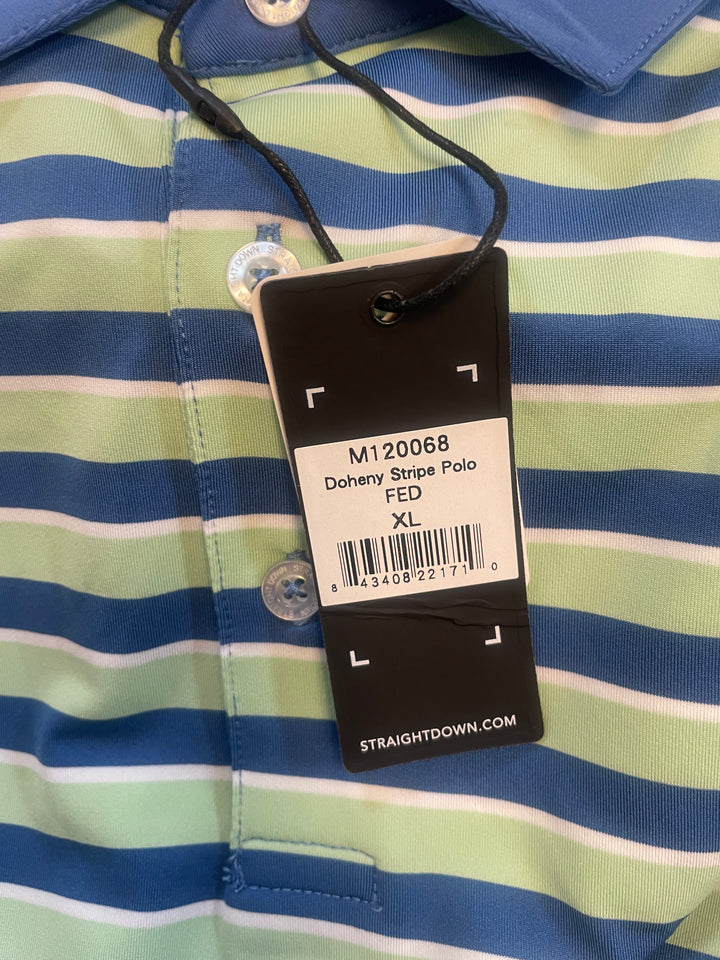 Straight Down Mens Doheny Stripe Short Sleeve Polo (w/logo) - Kiwi/Cool Blue