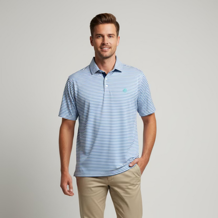 B Draddy Mens Captain Jack Short Sleeve Polo (w/logo)  - White/Blue
