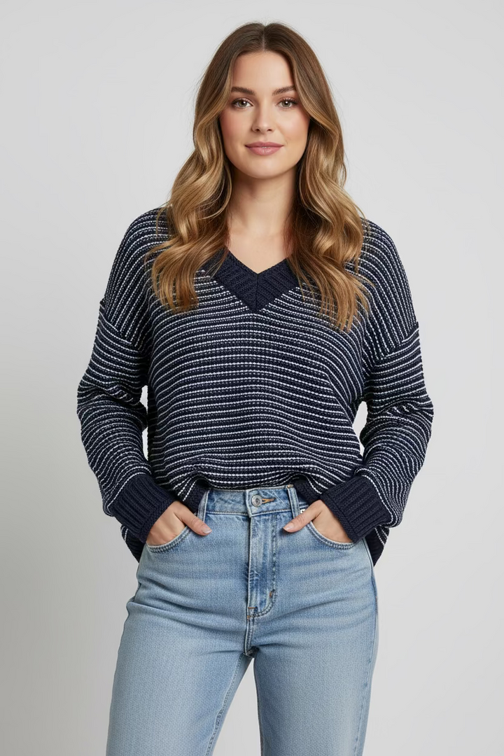 Michael Stars V-Neck Ms Linda Long Sleeve Sweater - Nocturnal/Breeze