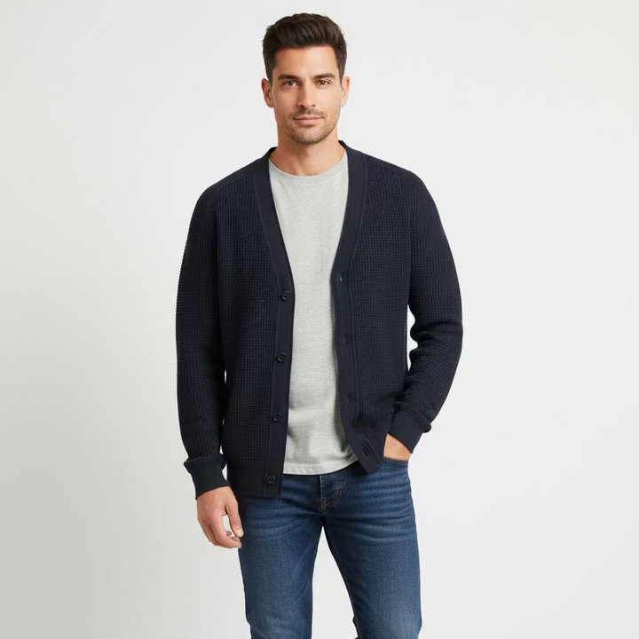 Billy Reid Mens Long Sleeve Waffle Cardigan - Carbon Blue