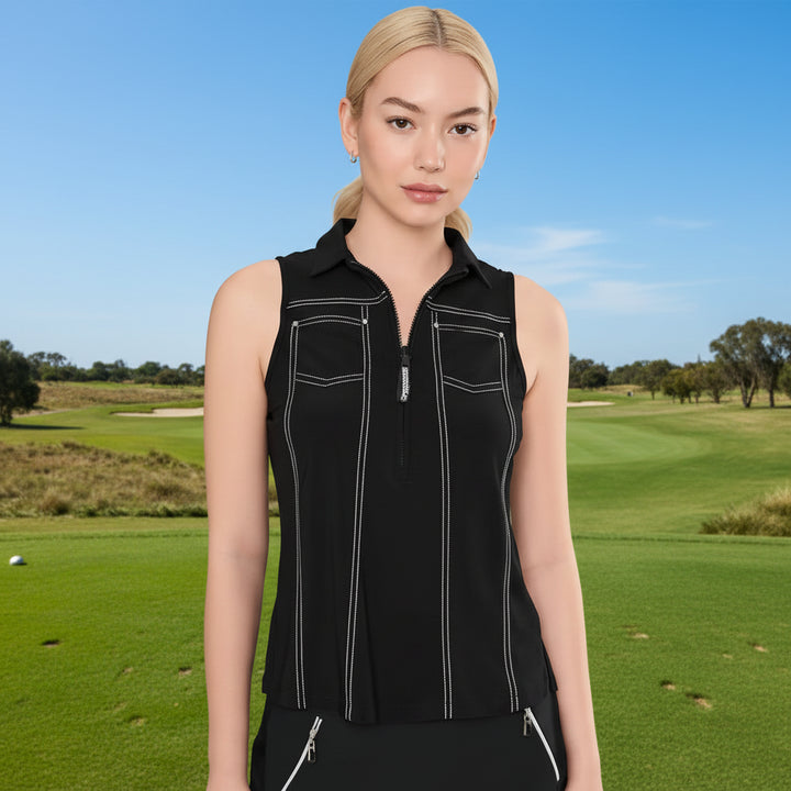 Jamie Sadock Womens Quarter Zip Sleeveless Polo - Black Pearl