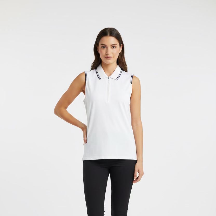 Greg Norman Womens Sleeveless Zip Polo - Blizzard/Navy - Medium