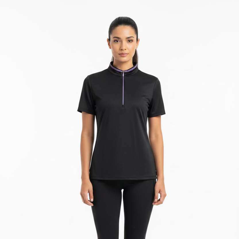 Greg Norman Womens Short Sleeve Zip Polo - Black/Lavender Bliss