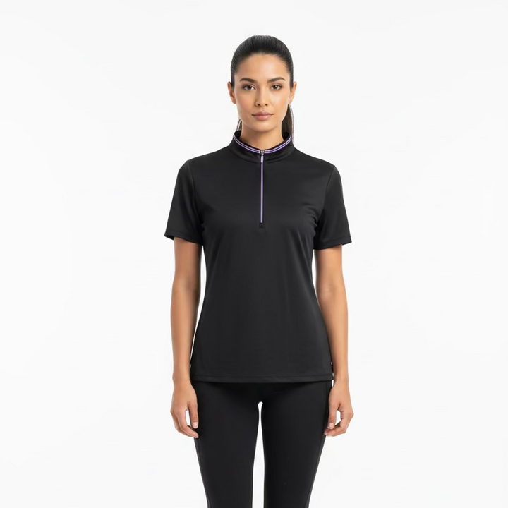 Greg Norman Womens Short Sleeve Zip Polo - Black/Lavender Bliss