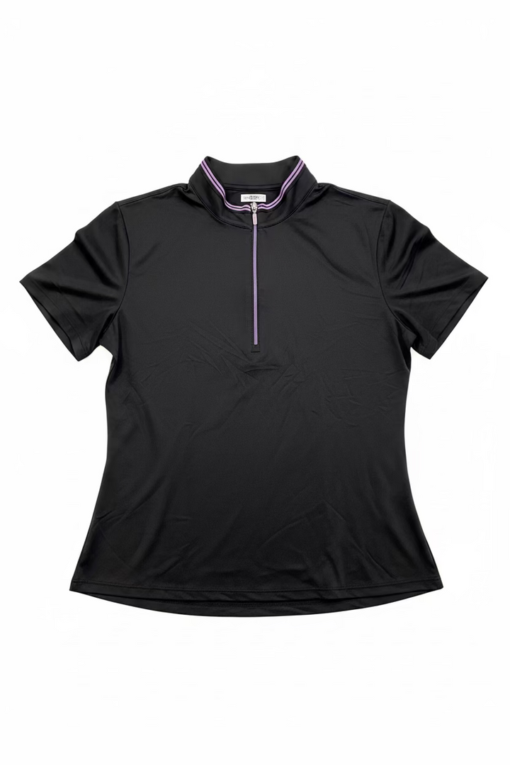 Greg Norman Womens Short Sleeve Zip Polo - Black/Lavender Bliss