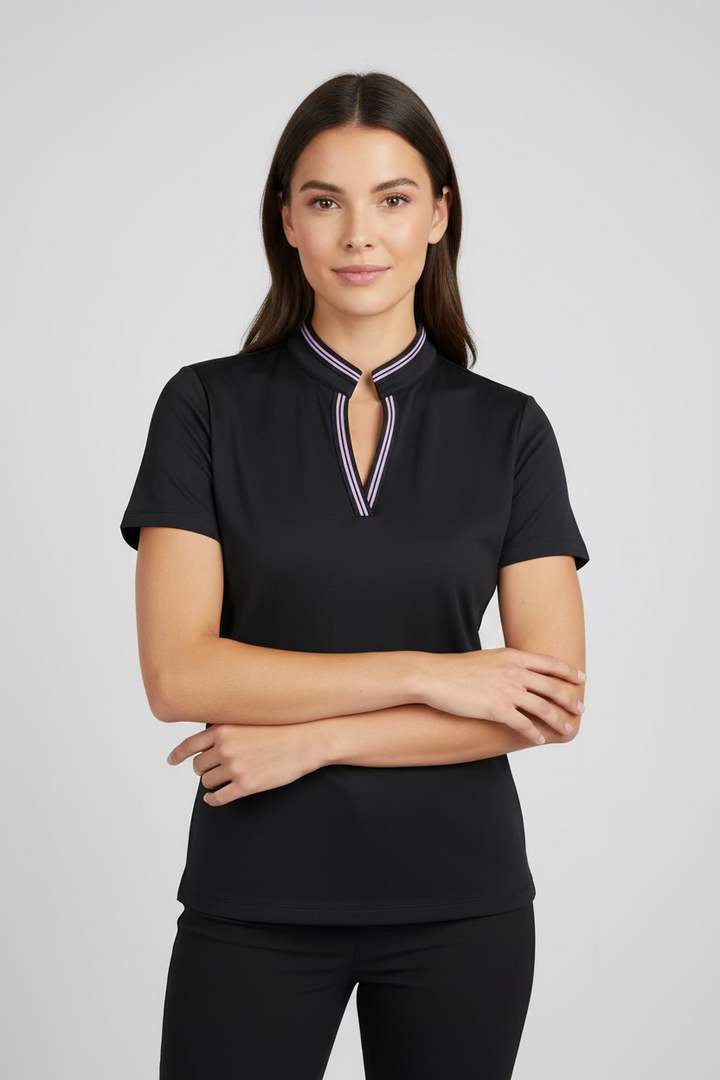 Greg Norman Womens Short Sleeve Polo - Black/Lavender Bliss