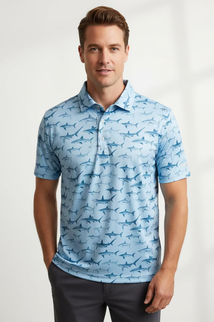 Greg Norman Mens All Over Shark Harvey Polo - Escape Blue