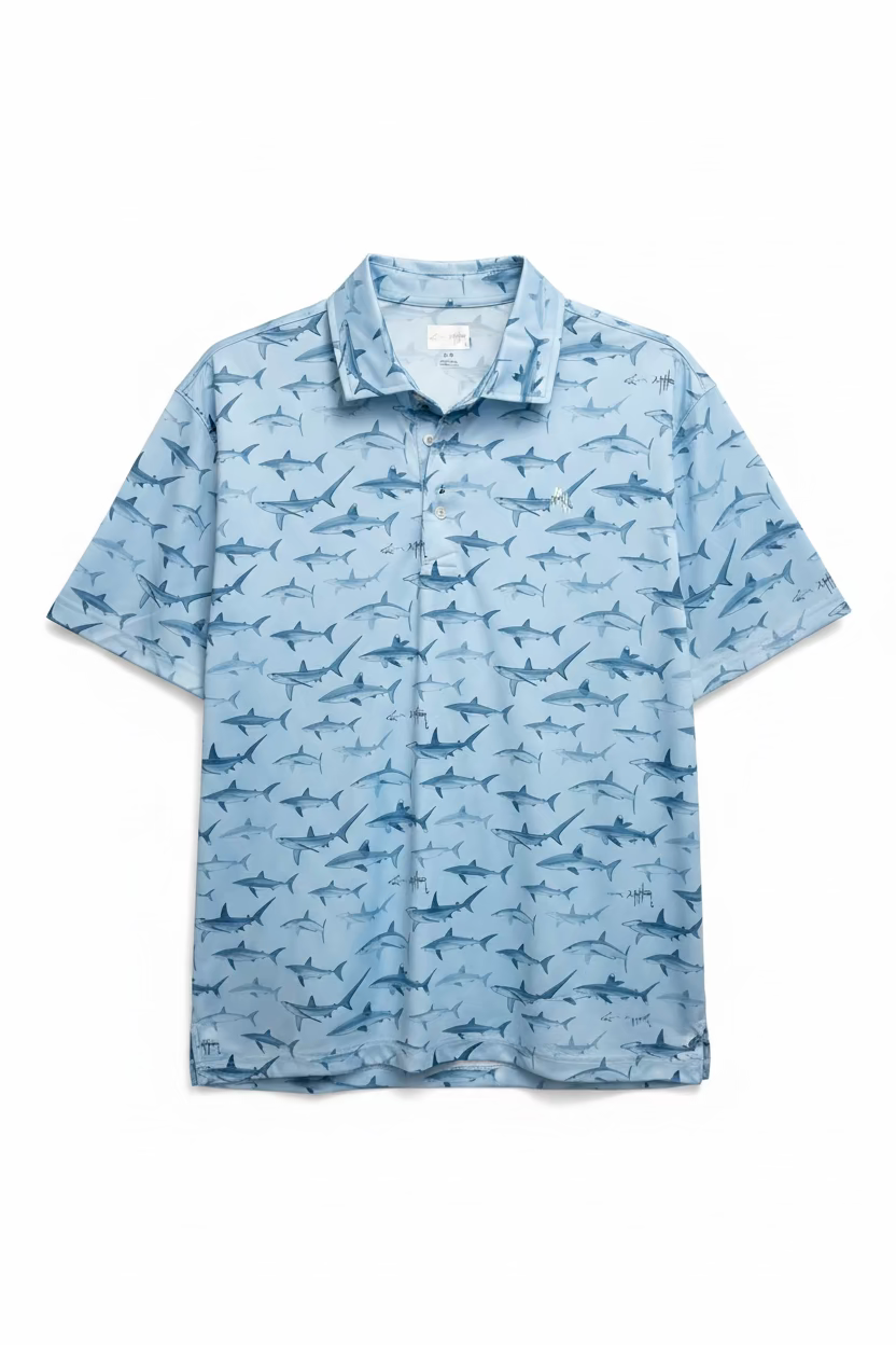 Greg Norman Mens All Over Shark Harvey Polo - Escape Blue
