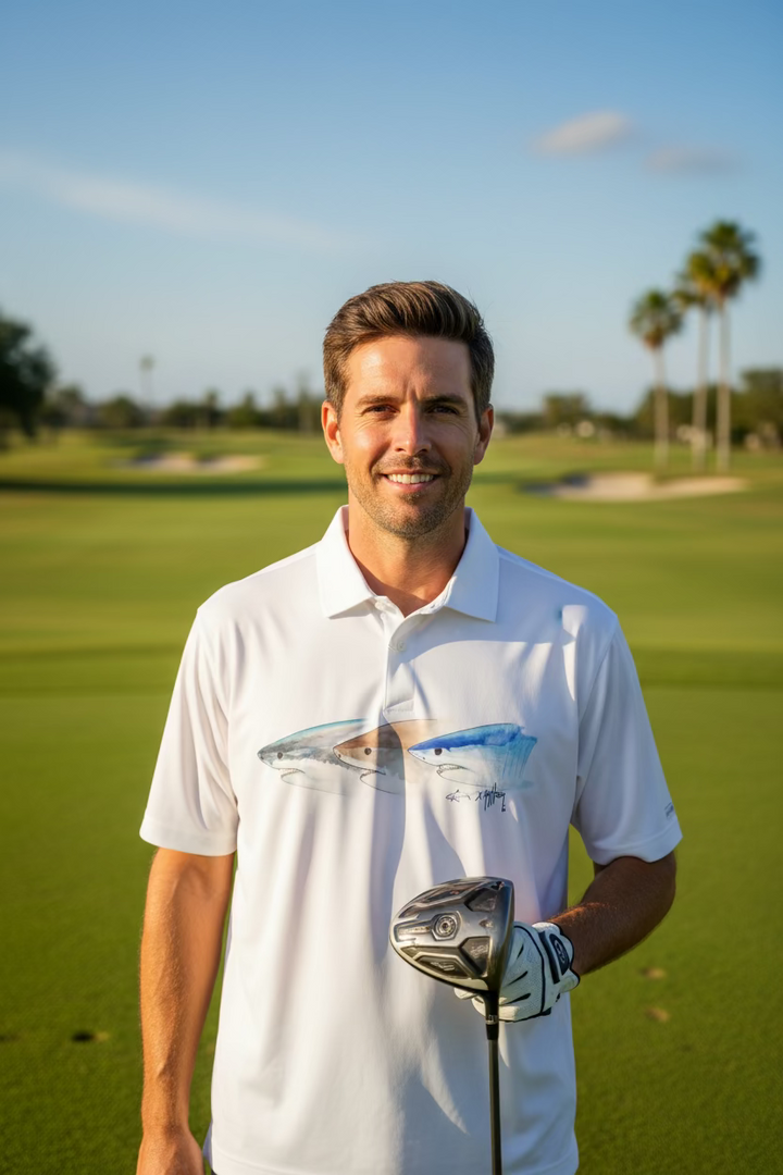 Greg Norman Mens Shark Triad Short Sleeve Polo - White/Deep Sea blue
