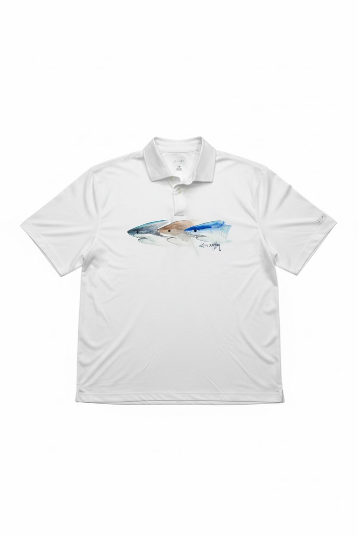 Greg Norman Mens Shark Triad Short Sleeve Polo - White/Deep Sea blue