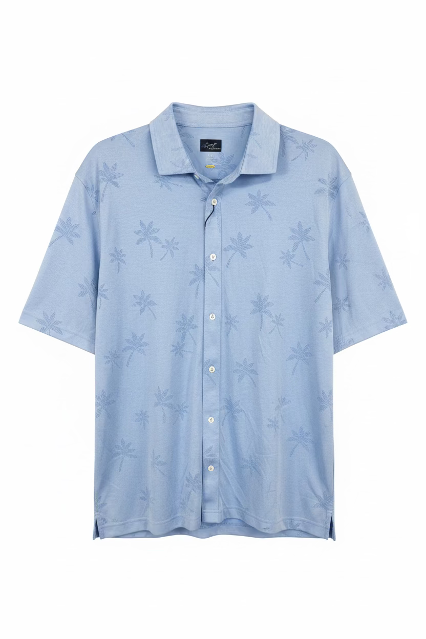 Greg Norman Mens Short Sleeve Palm Tree Button Down Shirt - Blue Haze