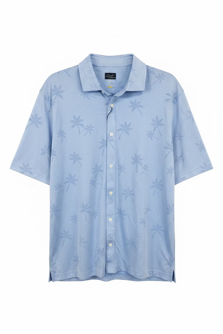 Greg Norman Mens Short Sleeve Palm Tree Button Down Shirt - Blue Haze