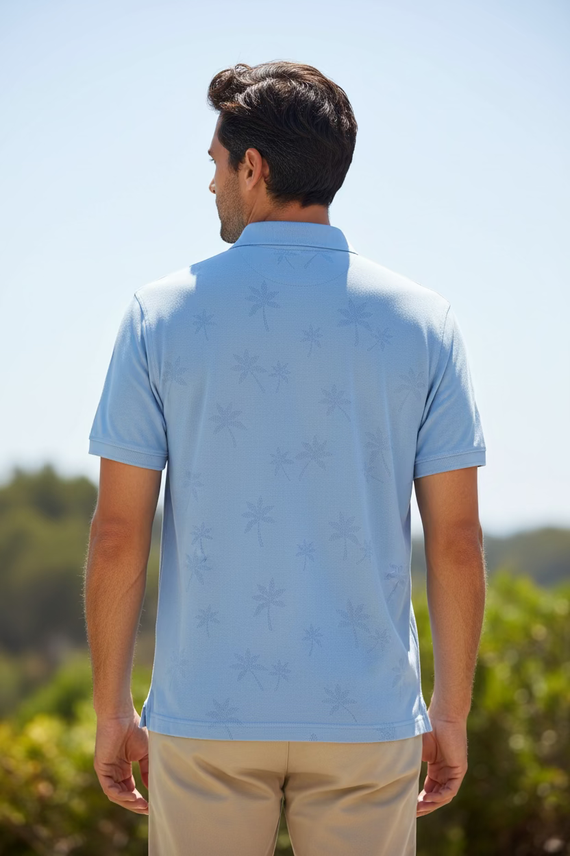 Greg Norman Mens Short Sleeve Palm Tree Button Down Shirt - Blue Haze