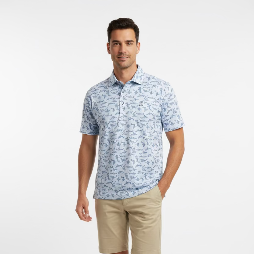 Greg Norman Mens Short Sleeve Shark Villa Polo - Ocean Blue/White