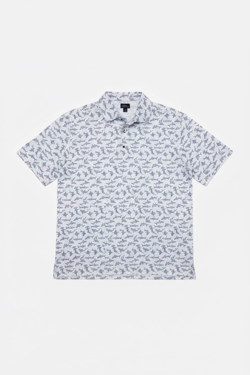 Greg Norman Mens Short Sleeve Shark Villa Polo - Ocean Blue/White