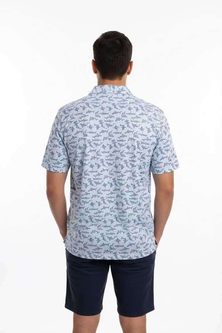 Greg Norman Mens Short Sleeve Shark Villa Polo - Ocean Blue/White