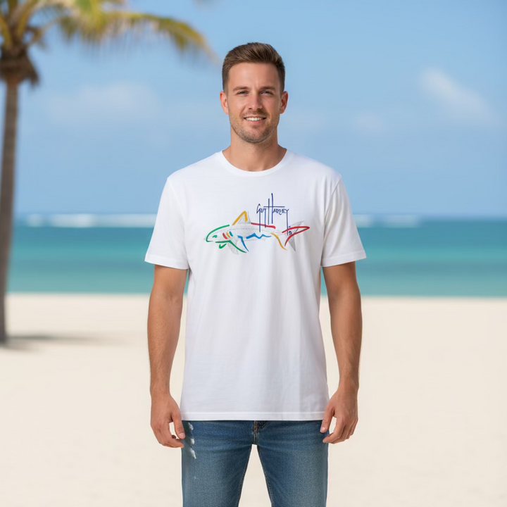Greg Norman Mens Short Sleeve Circling Shark Shirt - White - Large