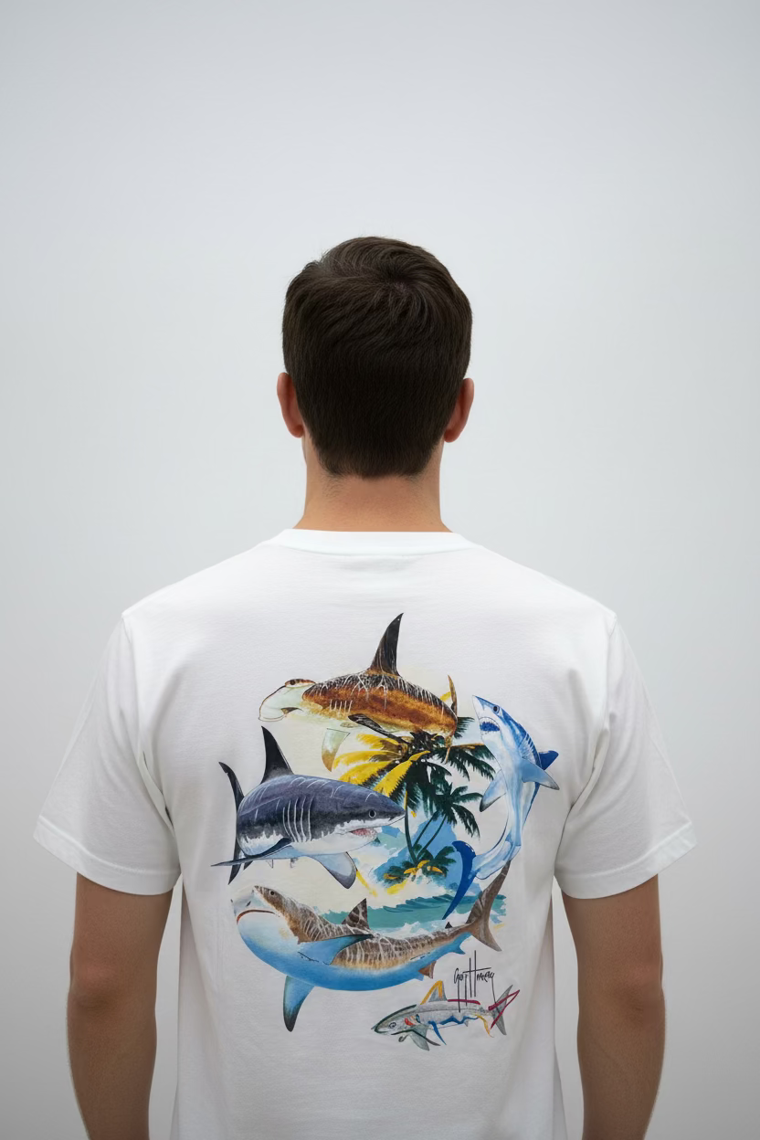 Greg Norman Mens Short Sleeve Circling Shark Shirt - White - Large