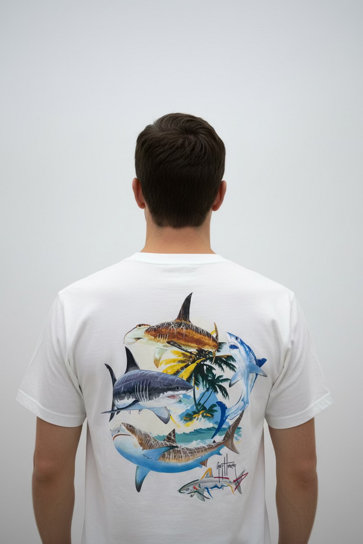 Greg Norman Mens Short Sleeve Circling Shark Shirt - White - Large