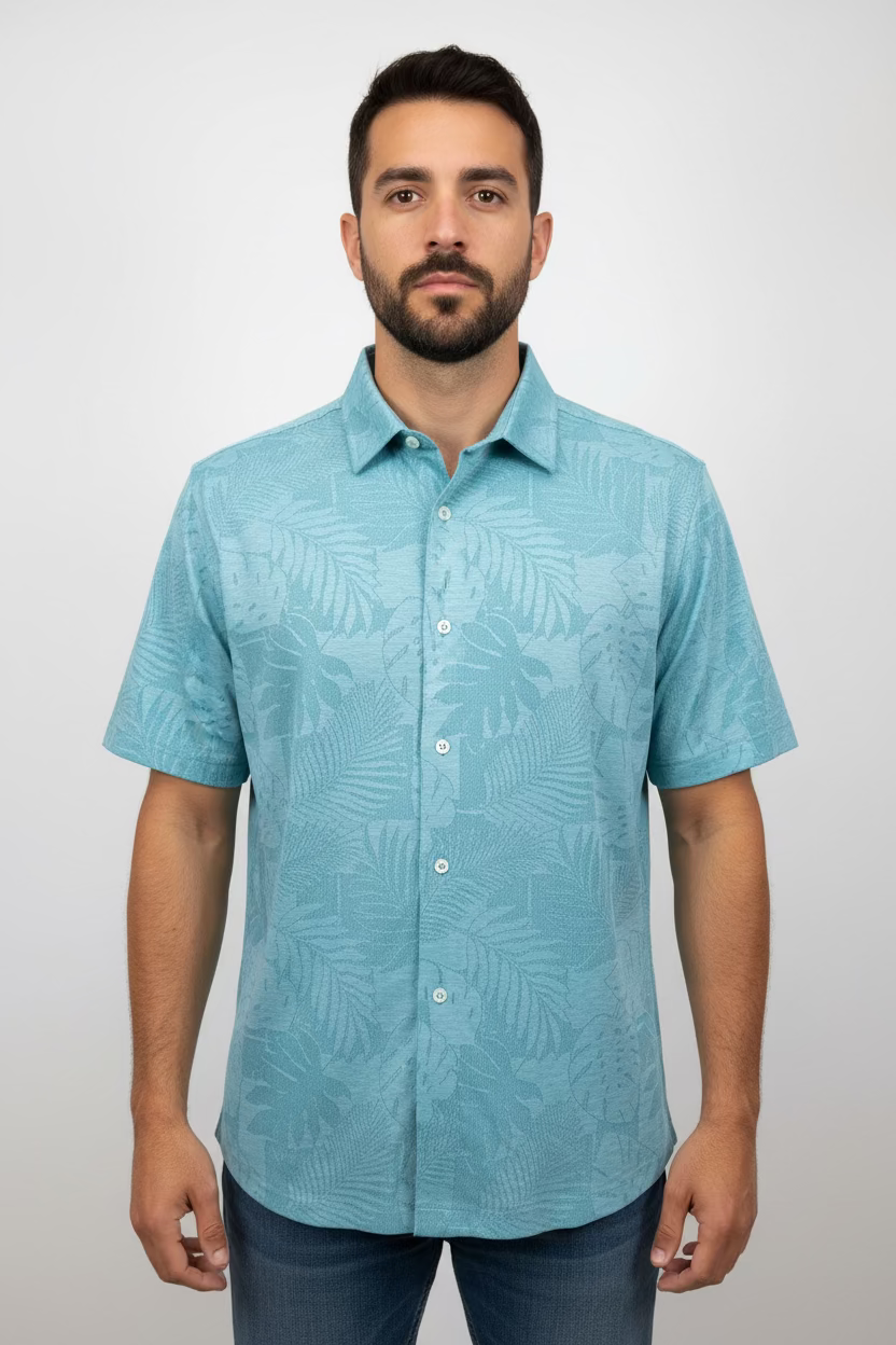 Greg Norman Mens Short Sleeve Tropical Button Down Shirt - Marine Blue