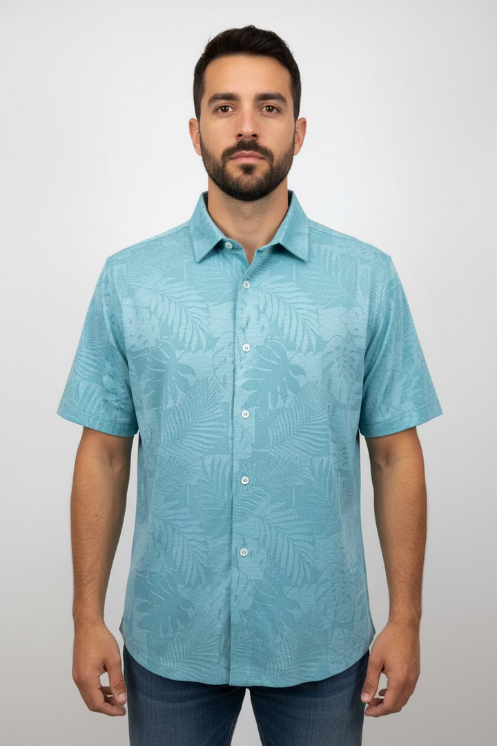 Greg Norman Mens Short Sleeve Tropical Button Down Shirt - Marine Blue