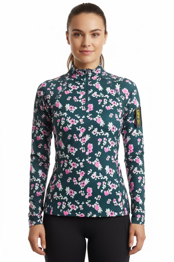 G/FORE Womens Floral Long Sleeve Zip Polo - Teal/Pretty Pink