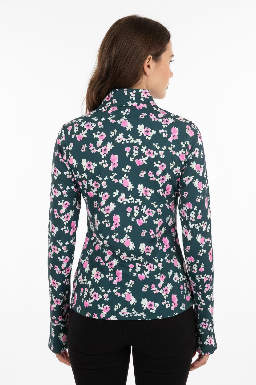 G/FORE Womens Floral Long Sleeve Zip Polo - Teal/Pretty Pink