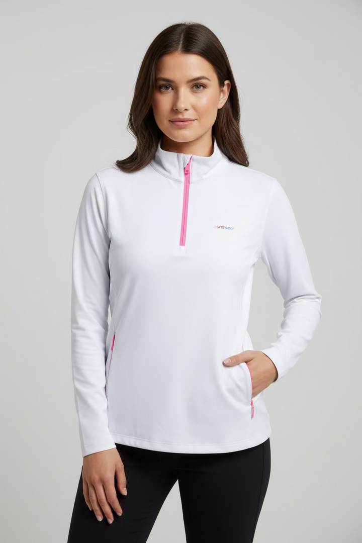 G/FORE Womens I Hate Golf Long Sleeve Zip Polo - Snow/Pretty Pink