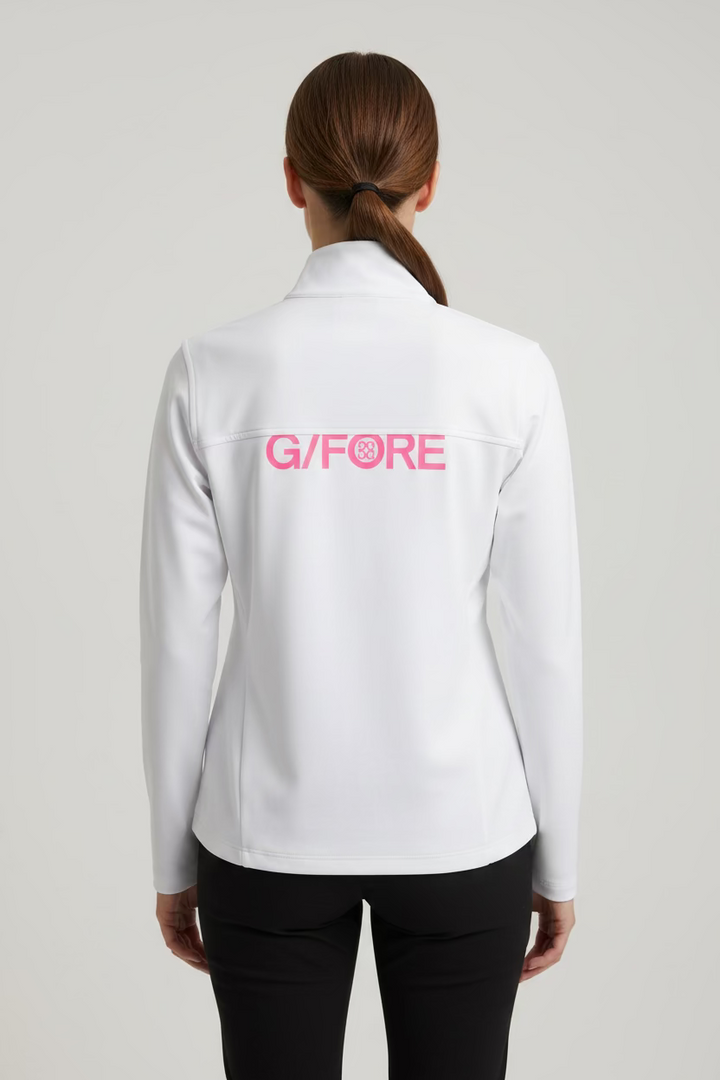 G/FORE Womens I Hate Golf Long Sleeve Zip Polo - Snow/Pretty Pink