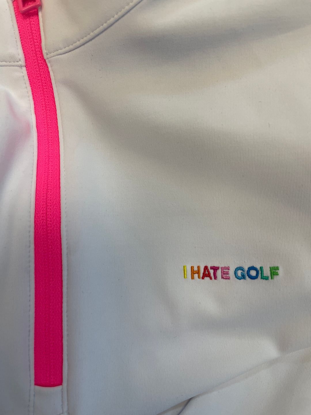 G/FORE Womens I Hate Golf Long Sleeve Zip Polo - Snow/Pretty Pink